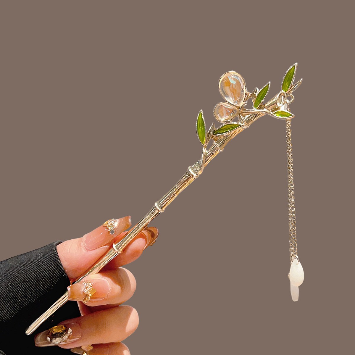Pearl Hair Pin - Green Bamboo Tassel Hair Stick For